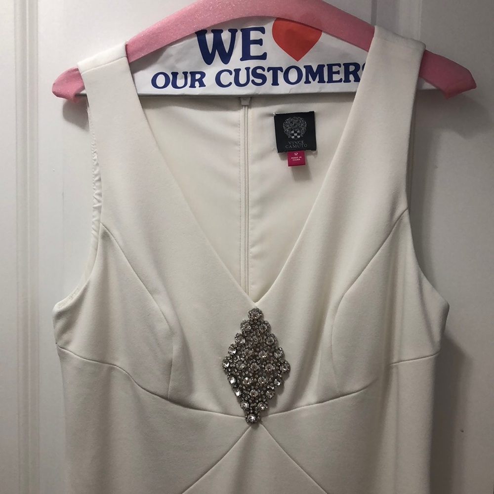 Vince Camuto floor length gown with rhinestone detail